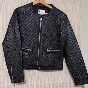 MNG by Mango MANGO Black Leather Jacket Quilted insulated Bomber Women :Size M